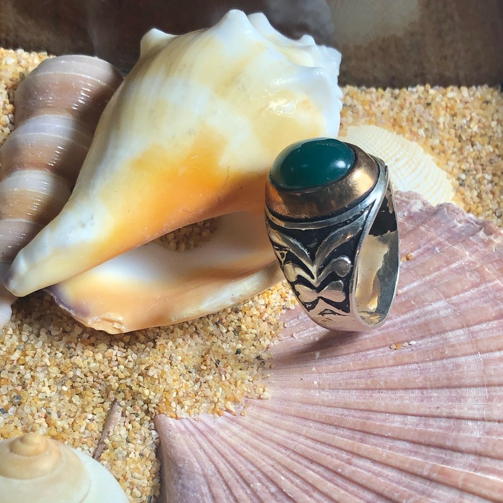 Curved Green Agate Stone  Silver 925 Men Ring